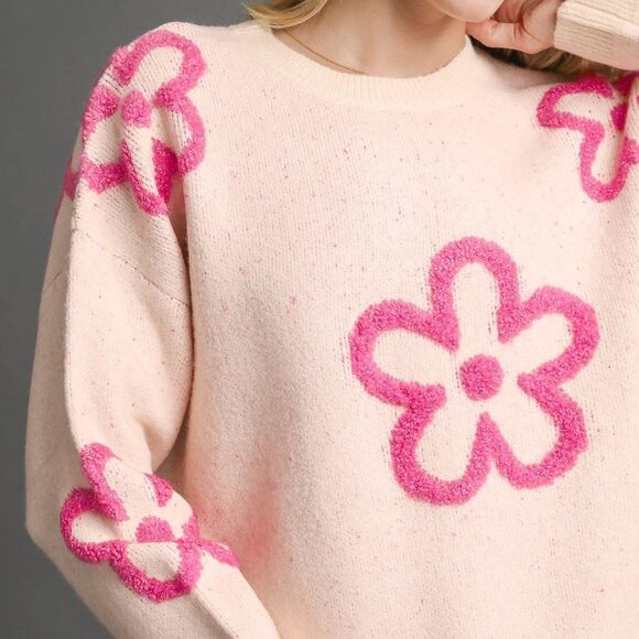 Umgee Round Neck Sweater with Pink Floral Kawaii Large Flower Sz S M L - Picture 5 of 8